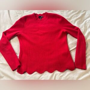 100% Cashmere Bright Red Scallop Hem Knit Sweater